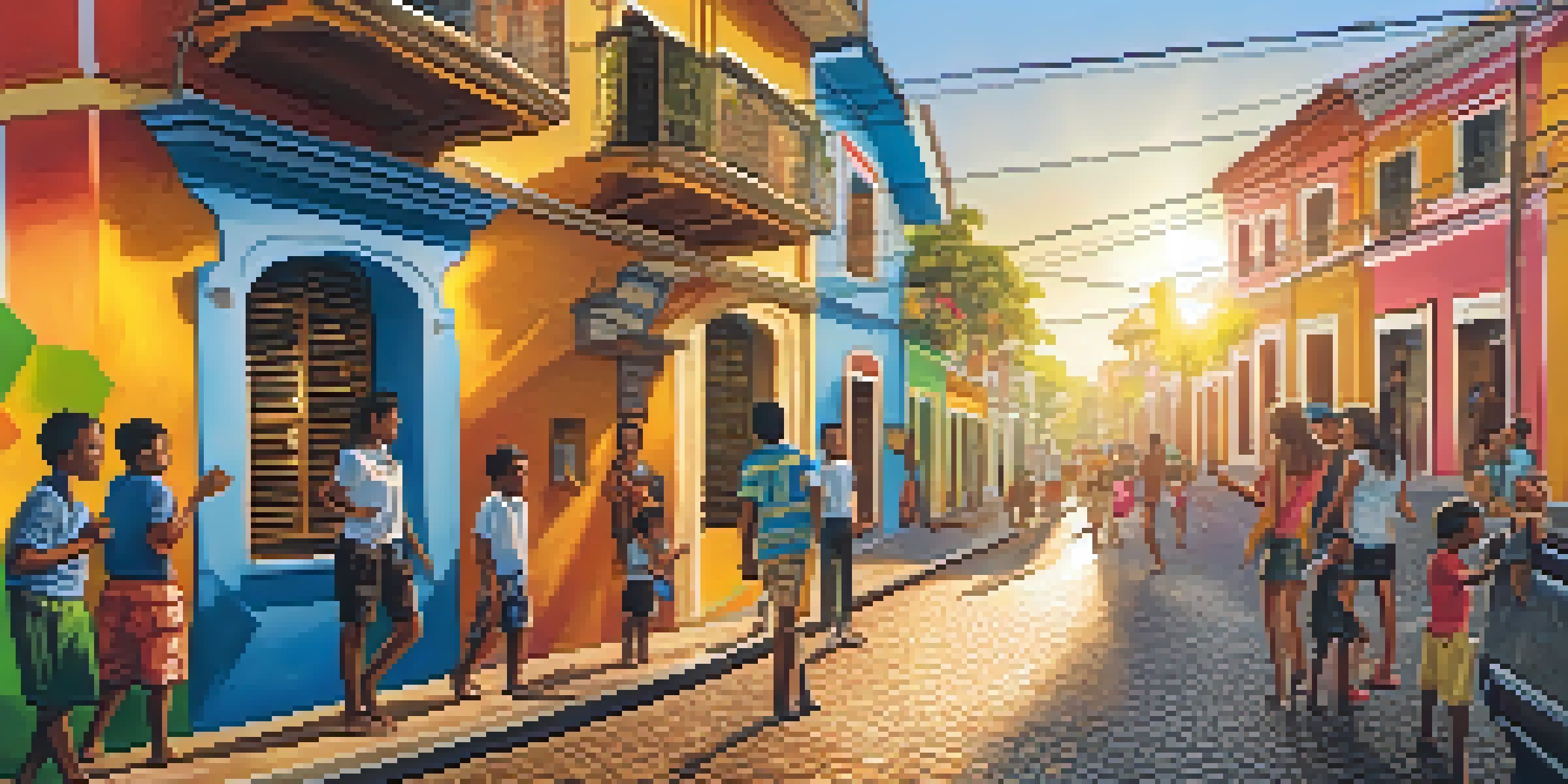 A colorful mural on a wall in a Brazilian city, with locals conversing and children playing under a warm sunset light.