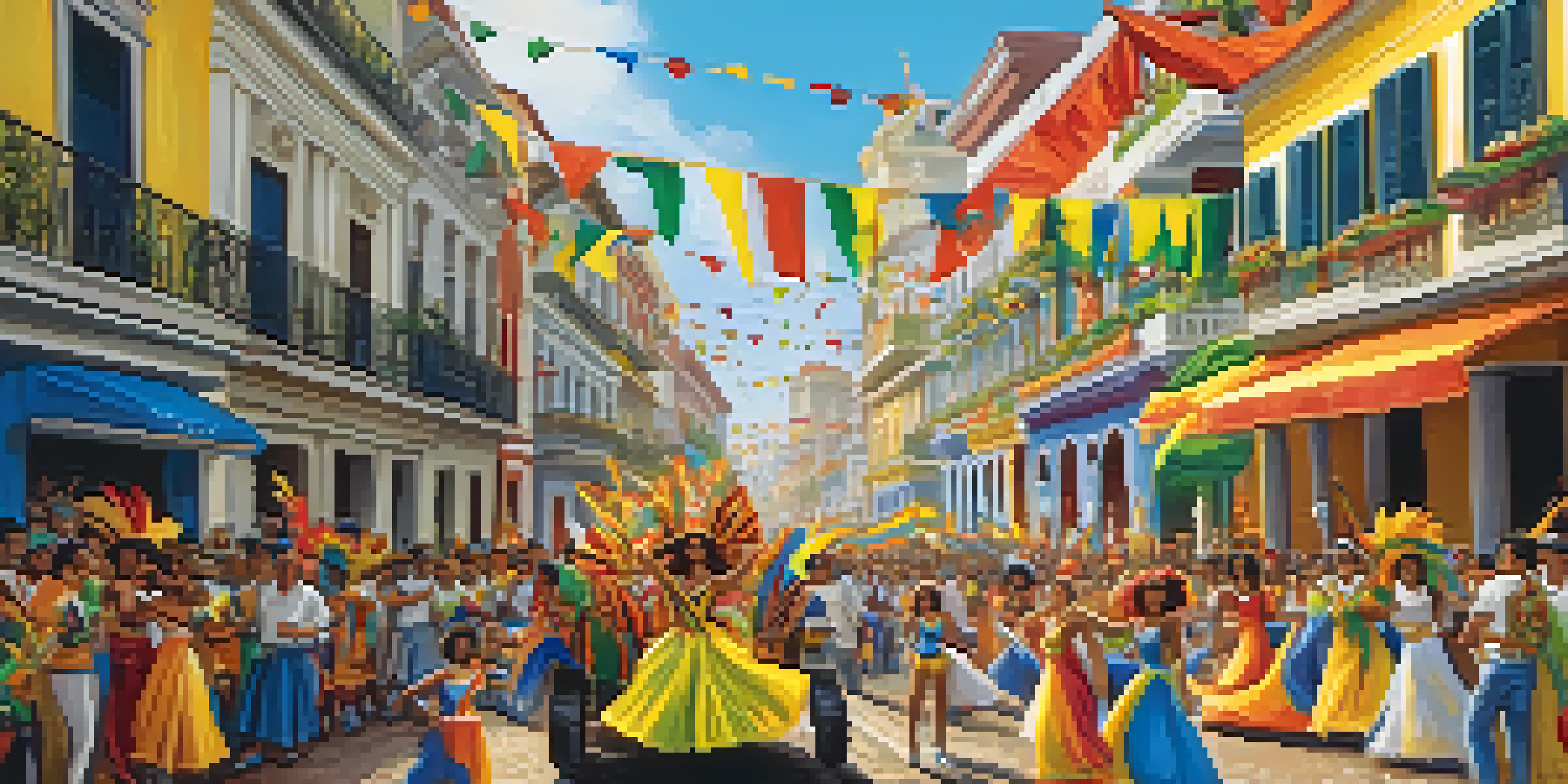 A lively Carnaval celebration in Brazil with colorful floats, dancers in costumes, and historic buildings in the background.