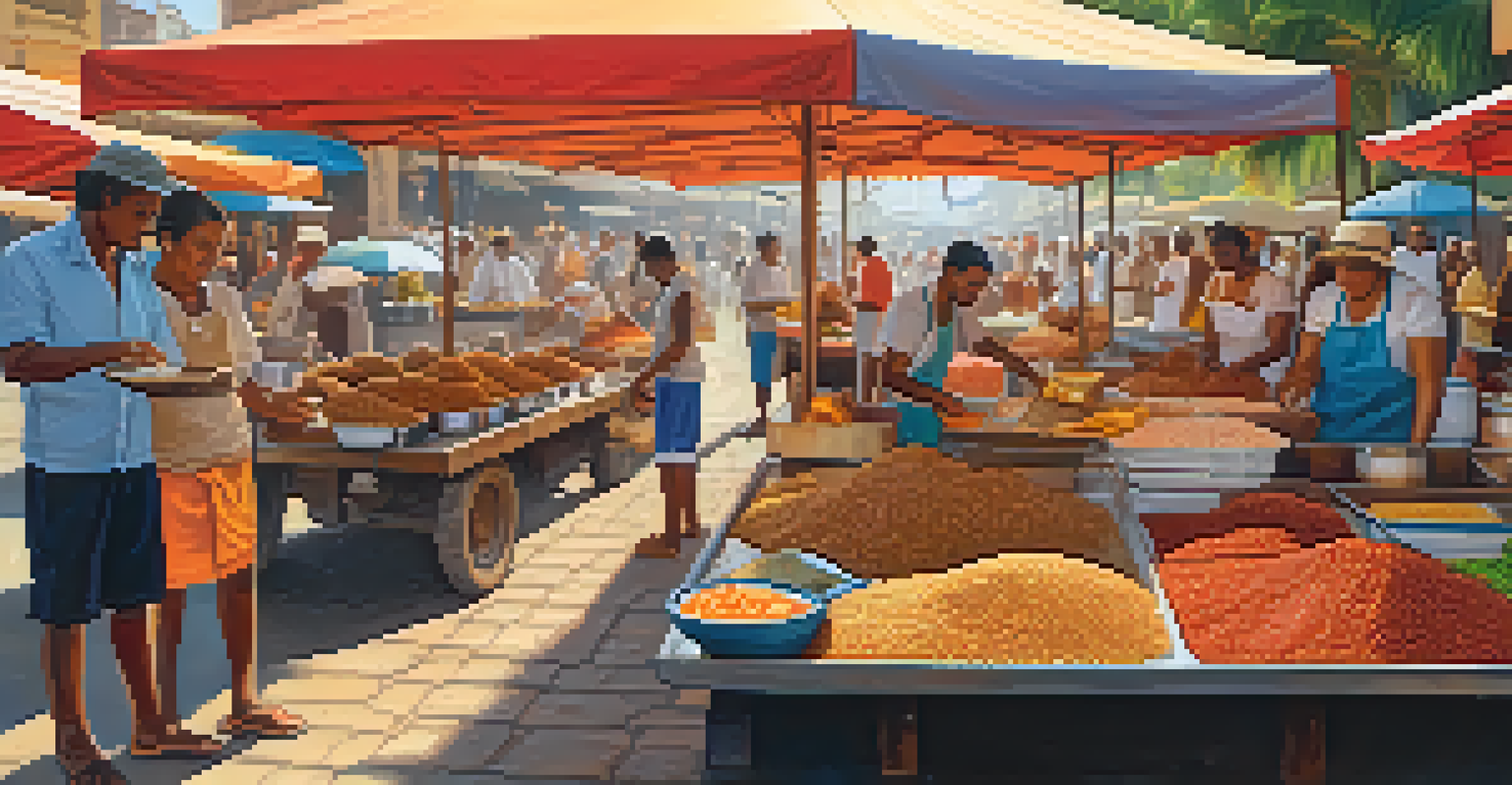 A street vendor preparing acarajé, deep-frying black-eyed pea balls and stuffing them with shrimp in a lively outdoor market, under bright sunlight.