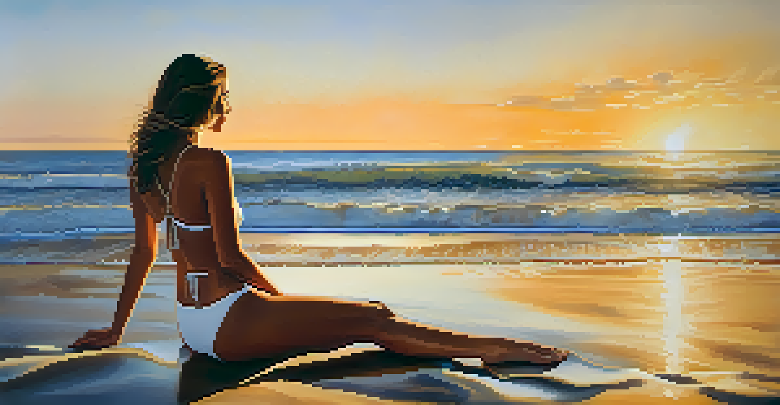 A model in elegant swimwear standing by the beach during sunset, highlighting Brazilian craftsmanship in swimwear.