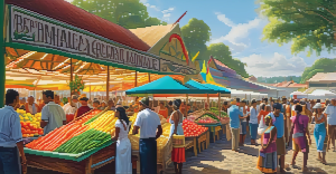 A lively agricultural fair in Brazil with colorful stalls of fresh produce, bustling crowds, and traditional dancers in the background.