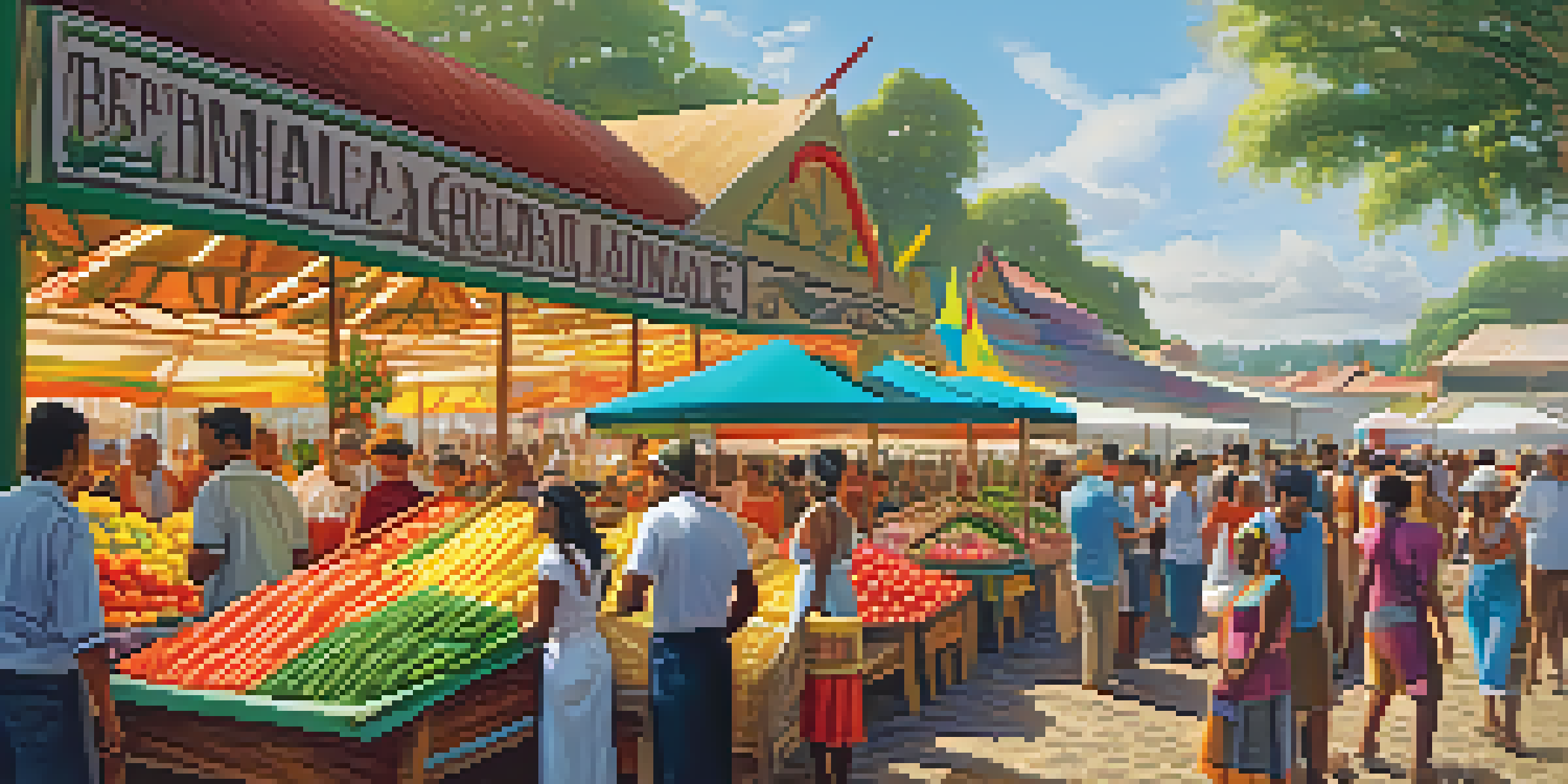 A lively agricultural fair in Brazil with colorful stalls of fresh produce, bustling crowds, and traditional dancers in the background.
