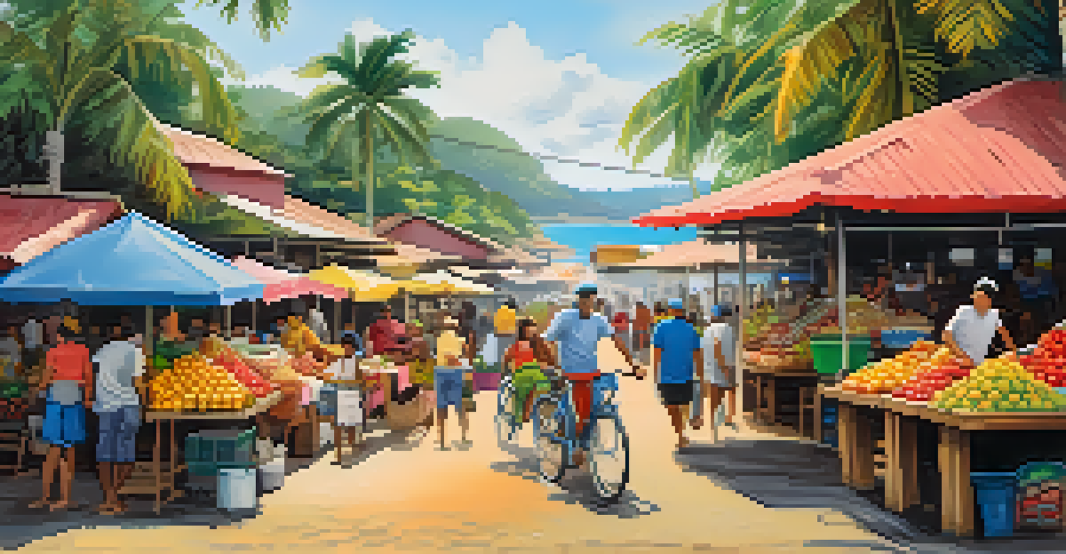 A bustling local market in a Brazilian coastal town, with fresh fruits and happy vendors.