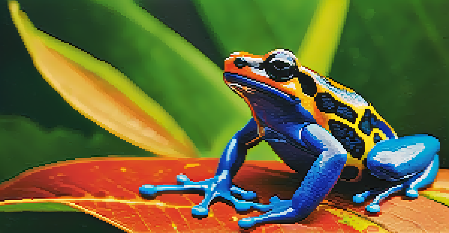 A close-up of a colorful poison dart frog on a leaf in the Amazon Rainforest.