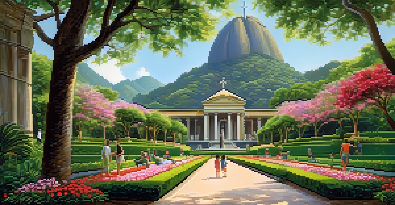 Families enjoying a day in a park with gardens, a historic mansion, and children engaged in art activities, with Christ the Redeemer in the background.