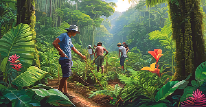 A volunteer planting trees in the Amazon rainforest with local community members, surrounded by lush greenery and colorful flowers.