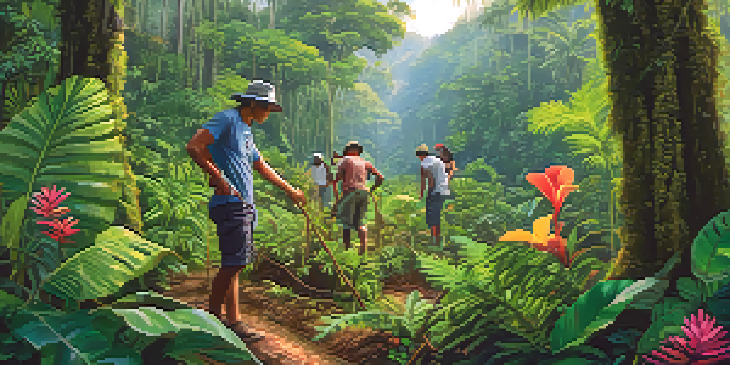 A volunteer planting trees in the Amazon rainforest with local community members, surrounded by lush greenery and colorful flowers.