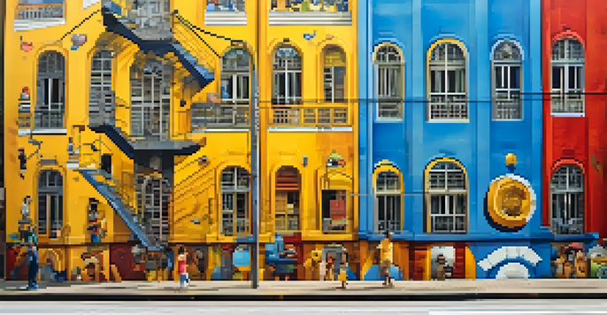 A colorful mural by Os Gêmeos on a São Paulo building, featuring whimsical characters and bright colors under warm afternoon light.