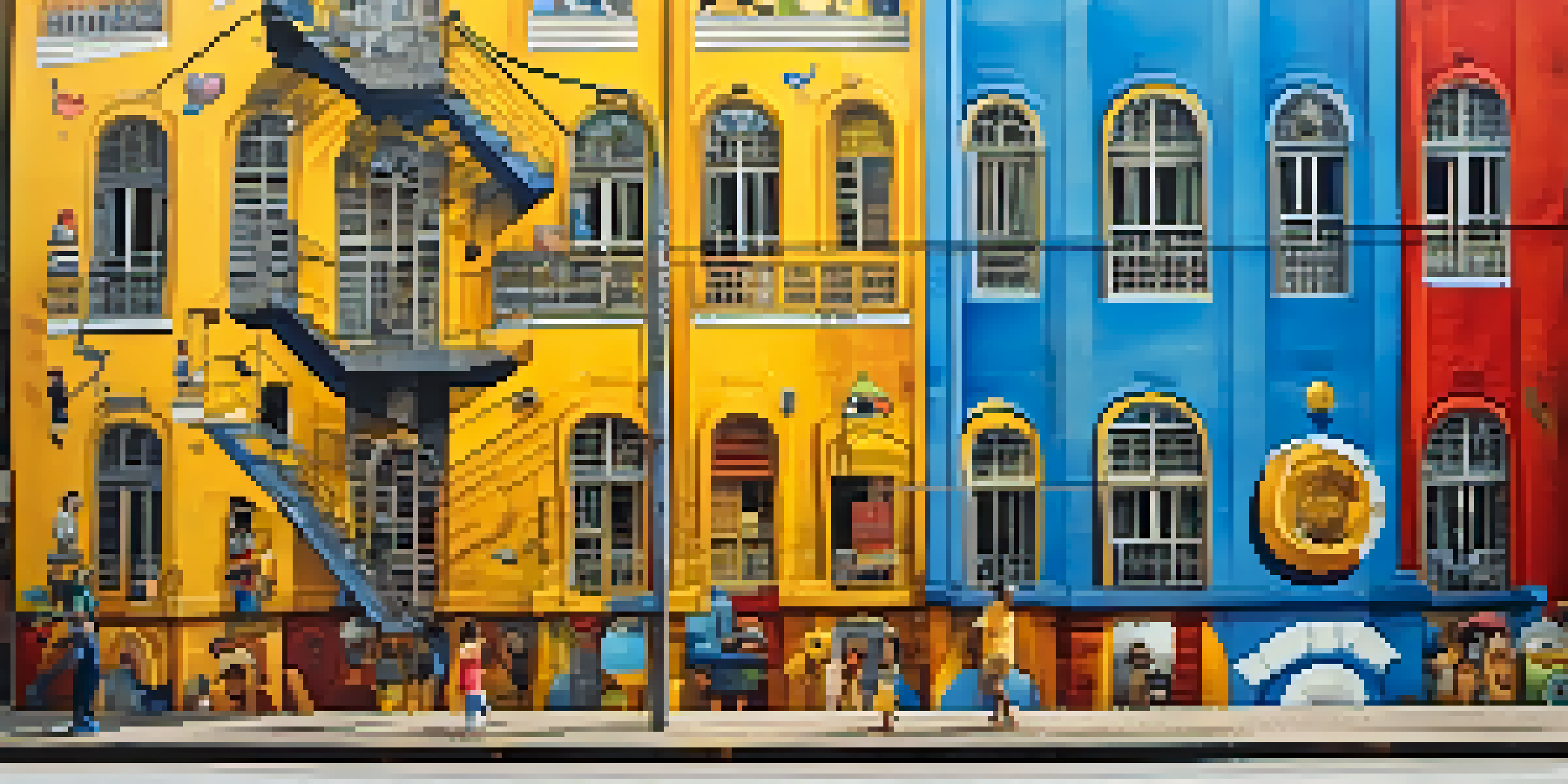 A colorful mural by Os Gêmeos on a São Paulo building, featuring whimsical characters and bright colors under warm afternoon light.