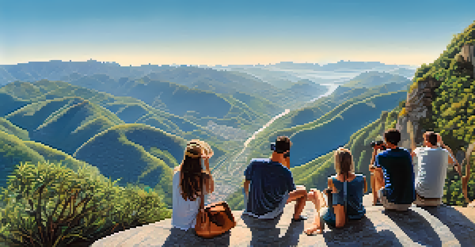 A group of friends at a viewpoint on Serra do Rio do Rastro Drive, taking pictures with mountains and valleys in the background.