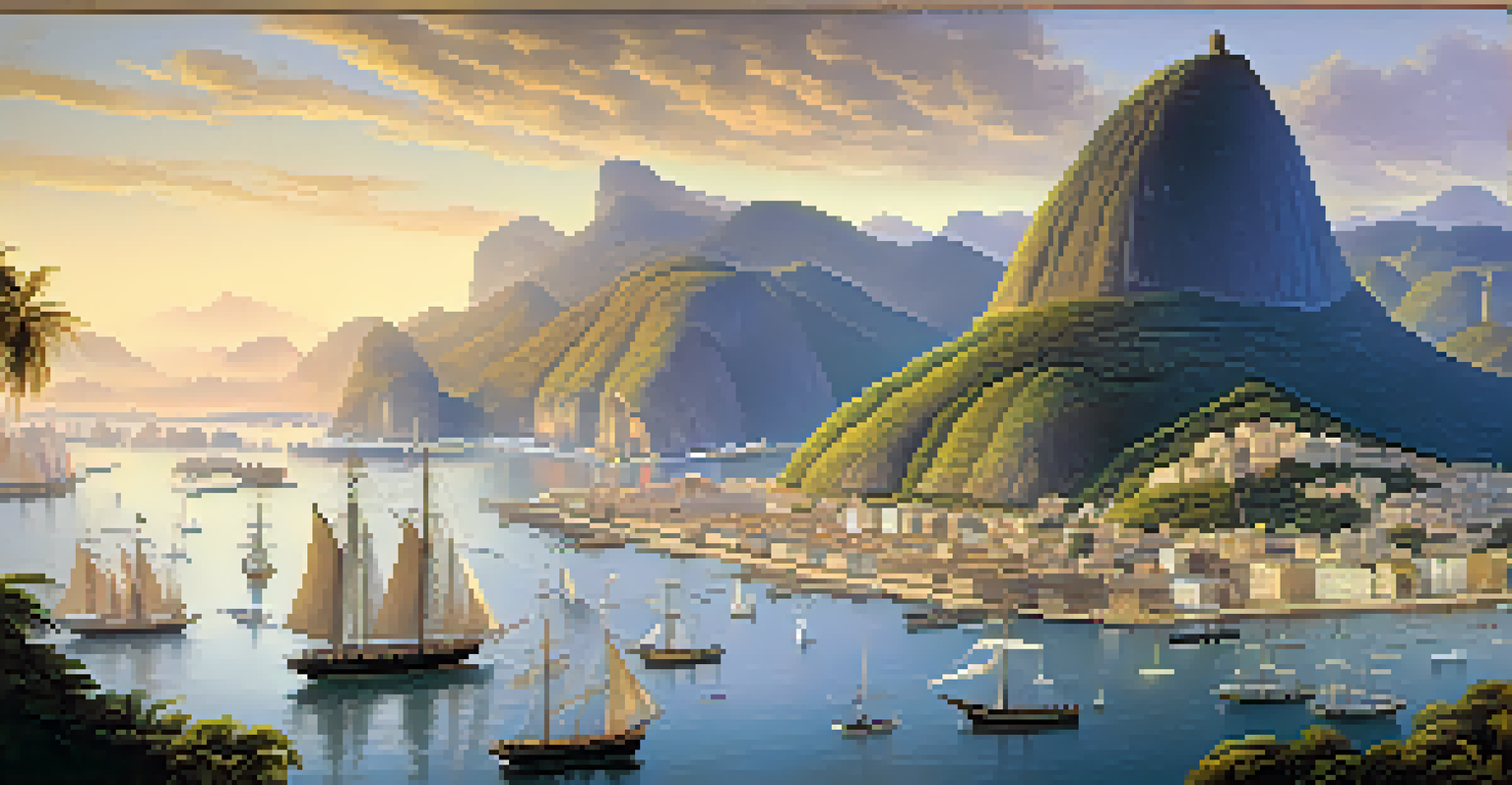 A historical aerial view of Rio de Janeiro's port in the 19th century, with ships and merchants bustling around the harbor against a sunset backdrop.
