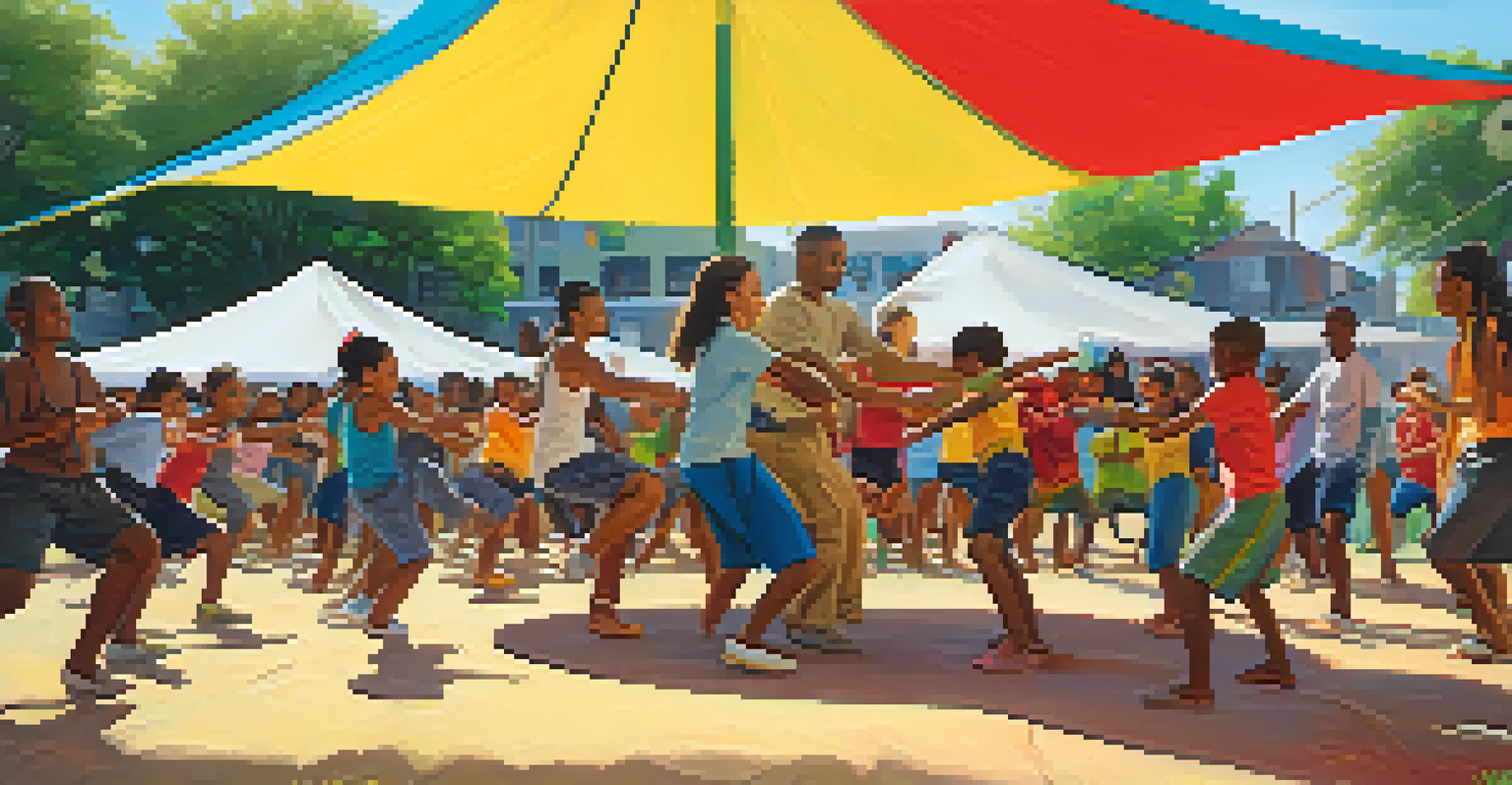 An outdoor Capoeira workshop with participants of various ages practicing under a colorful canopy, showcasing joy and community.