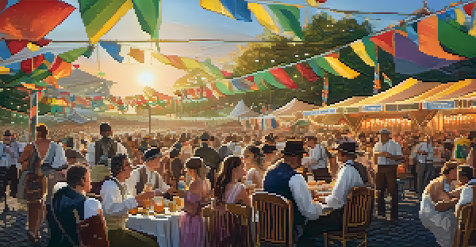 A lively Oktoberfest celebration in Brazil with colorful tents, attendees in traditional attire, and musicians performing on stage under string lights.