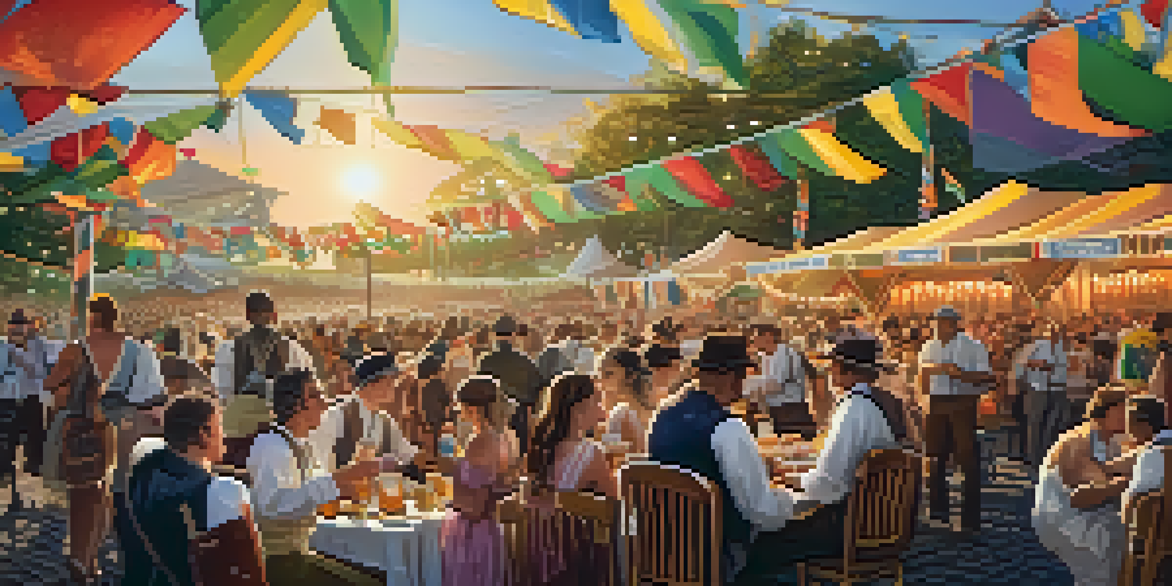 A lively Oktoberfest celebration in Brazil with colorful tents, attendees in traditional attire, and musicians performing on stage under string lights.