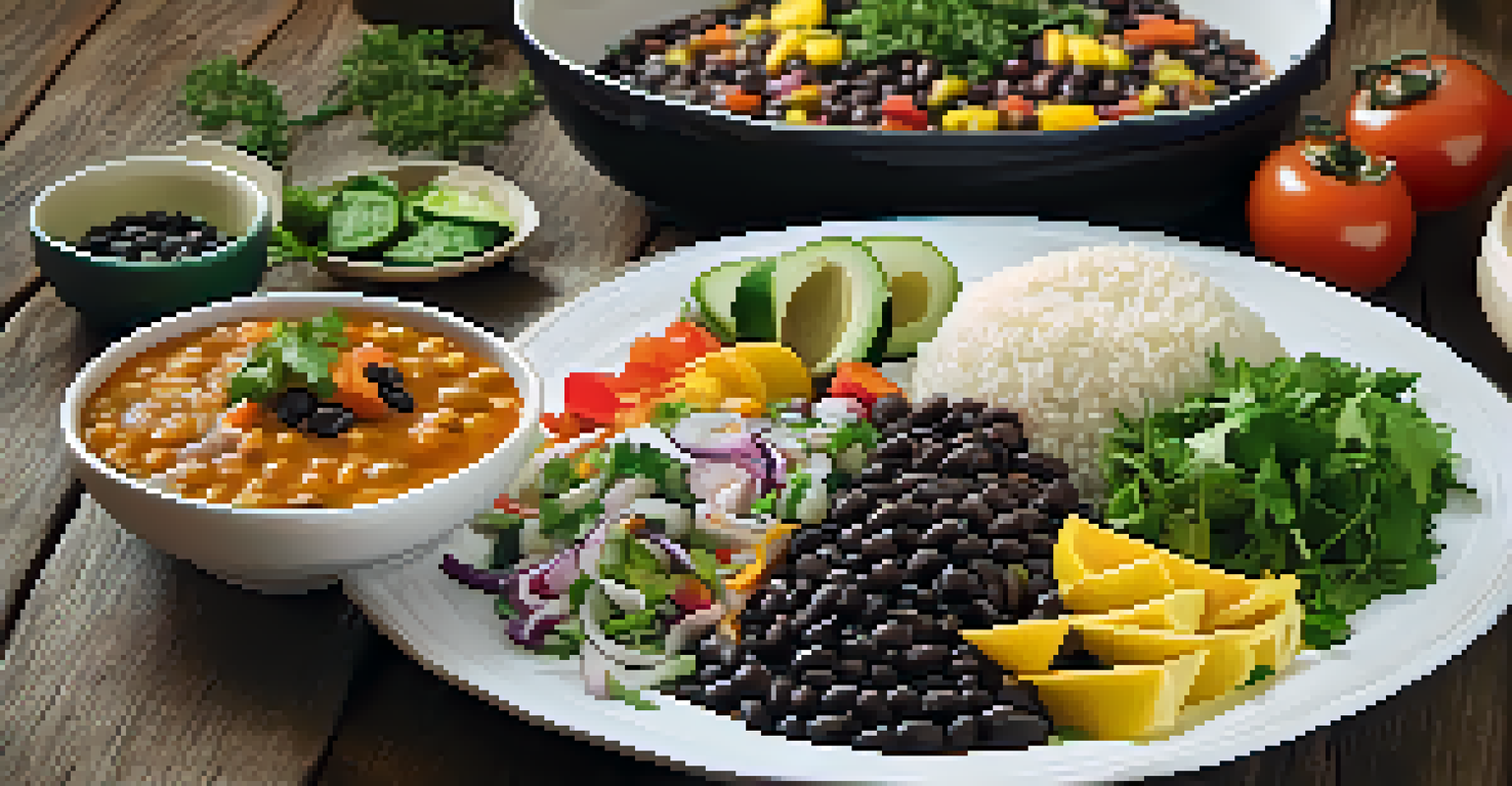 A close-up of a plate with Brazilian vegetarian feijoada, rice, and salad, showcasing vibrant colors and garnishes.