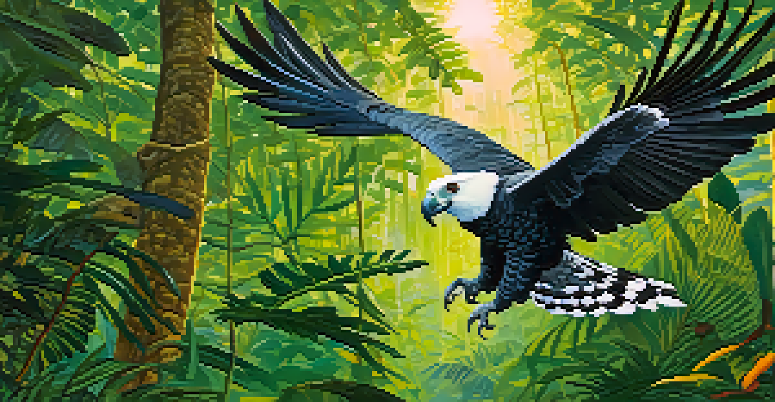 A majestic Harpy Eagle flying over a dense green forest with colorful toucans in the trees.