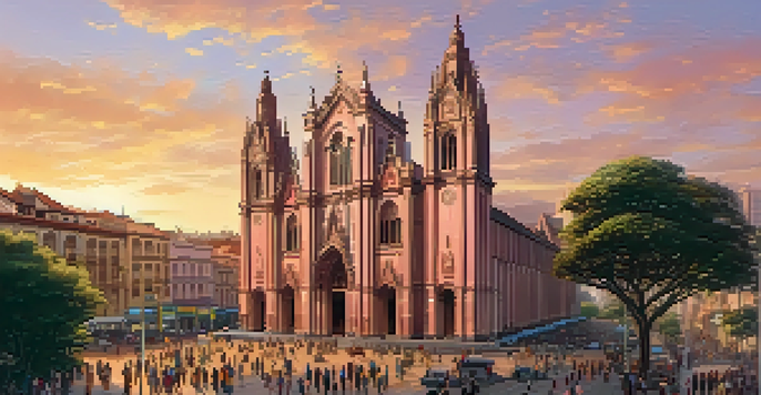 A panoramic view of São Paulo's Cathedral at sunset with warm colors illuminating the neo-Gothic architecture and people in the square.