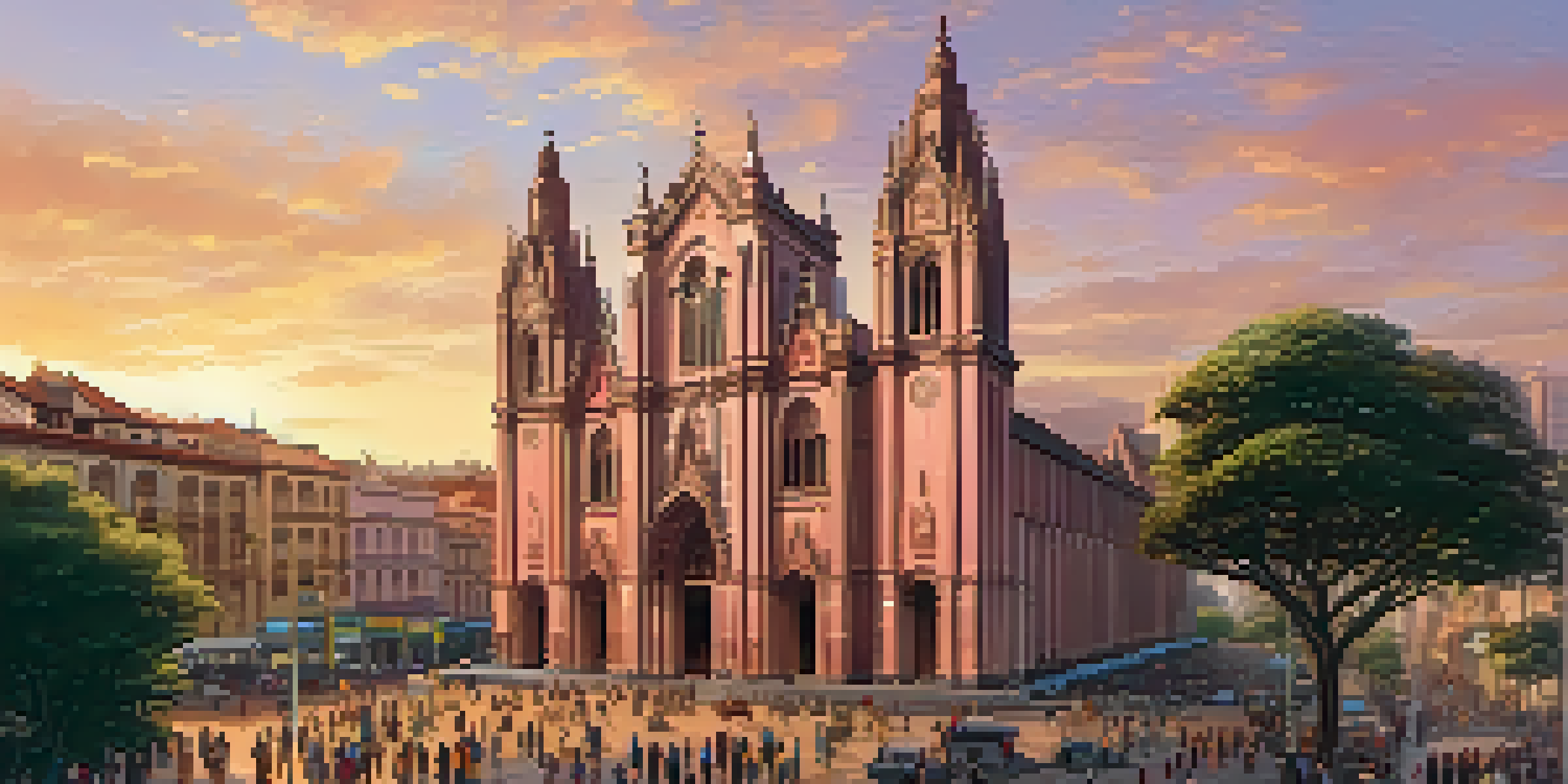 A panoramic view of São Paulo's Cathedral at sunset with warm colors illuminating the neo-Gothic architecture and people in the square.