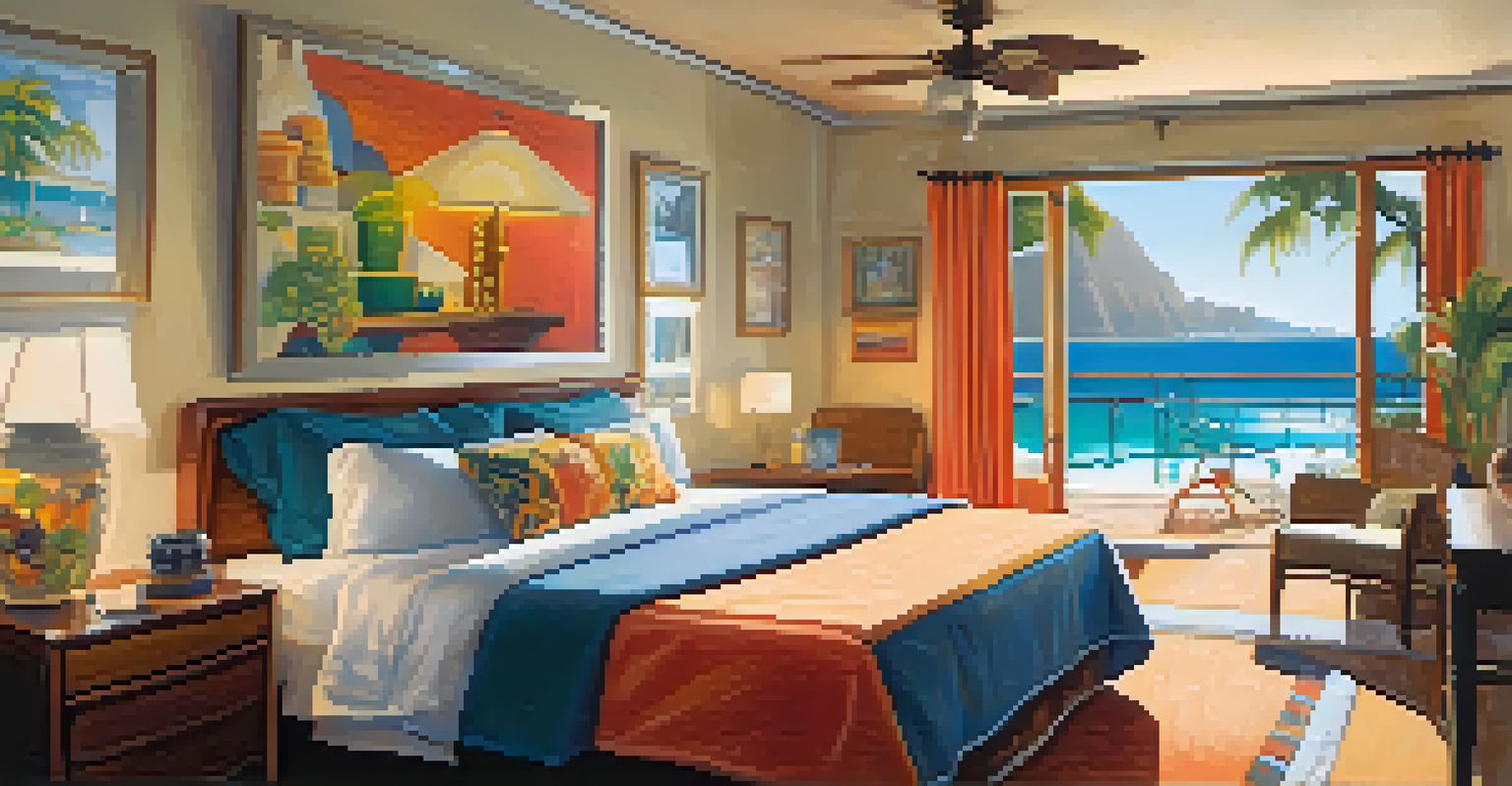 A cozy hotel room with colorful decor, a comfortable bed, and a view of Ipanema Beach. Sunlight streams through the window, creating a warm atmosphere.