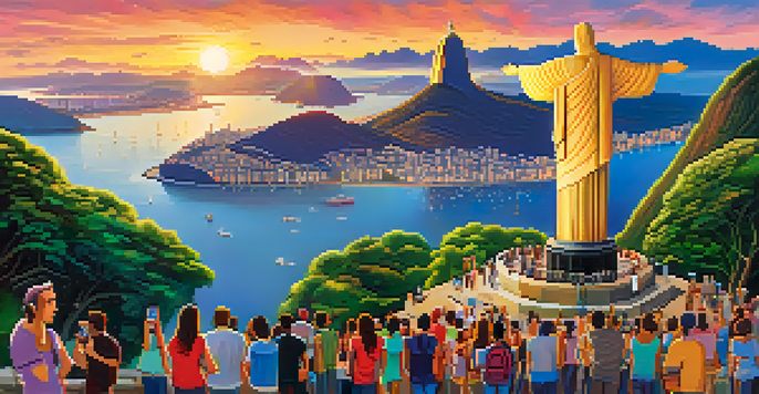 A group of diverse tourists admiring the Christ the Redeemer statue at sunset, with Rio de Janeiro in the background.
