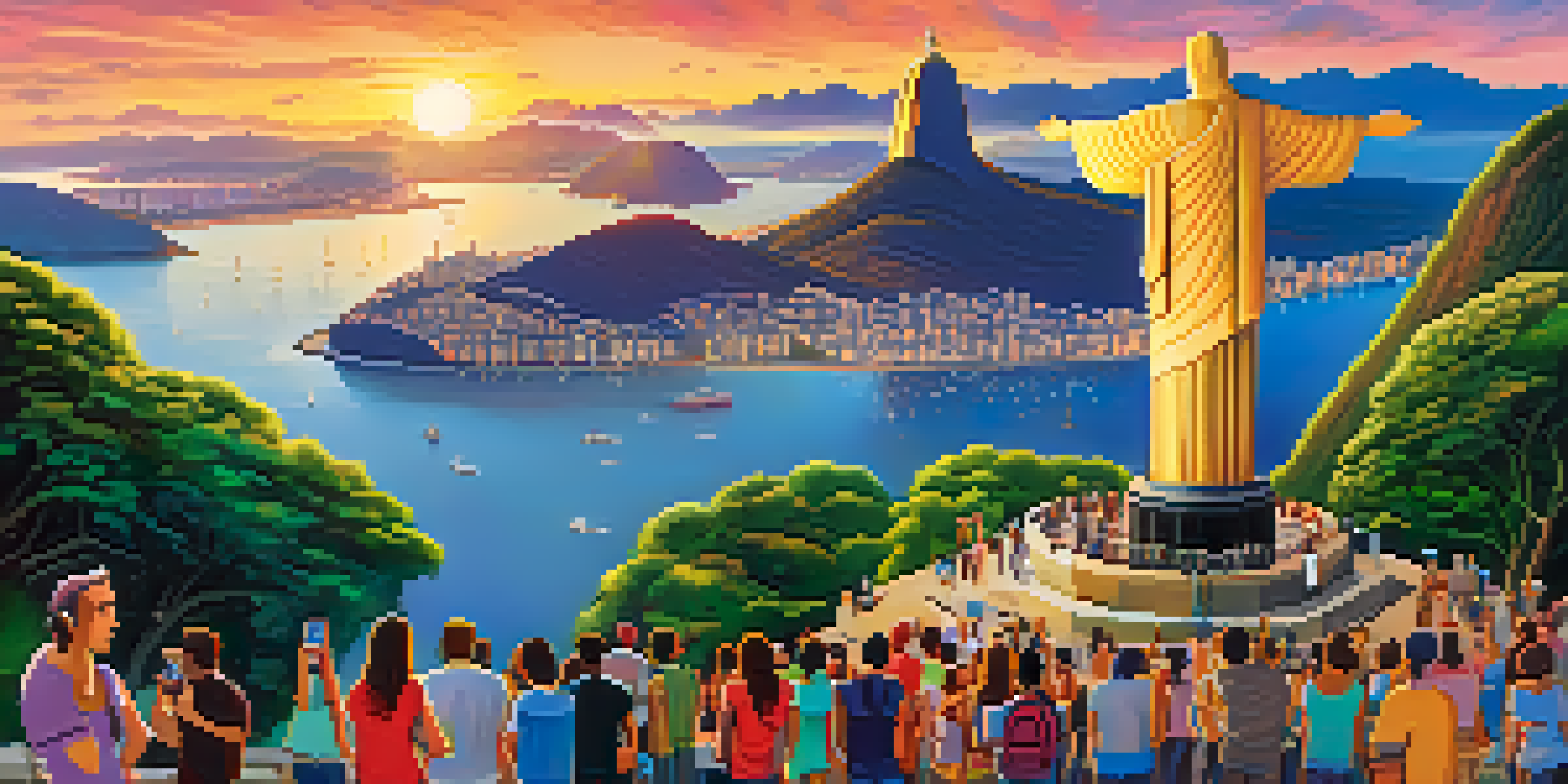A group of diverse tourists admiring the Christ the Redeemer statue at sunset, with Rio de Janeiro in the background.