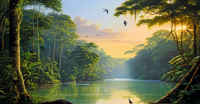 A peaceful scene of the Amazon rainforest at sunrise with sunlight shining through the trees and a river flowing through the landscape.