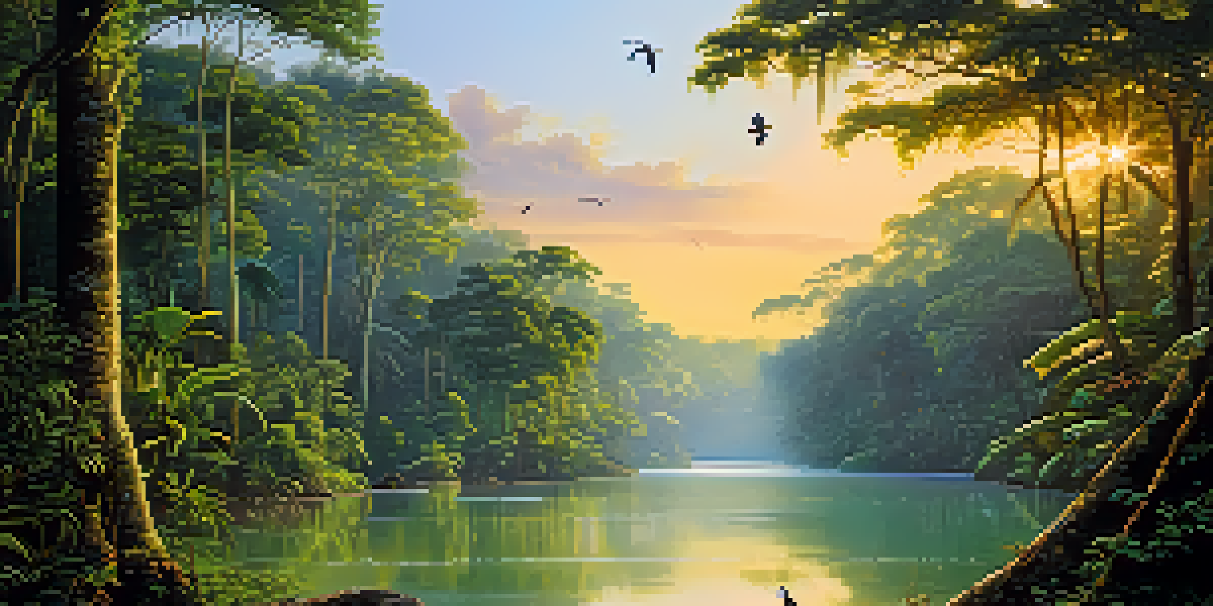 A peaceful scene of the Amazon rainforest at sunrise with sunlight shining through the trees and a river flowing through the landscape.