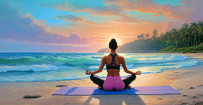 A peaceful yoga session on a beach in Brazil, with palm trees, turquoise water, and a colorful sunset.