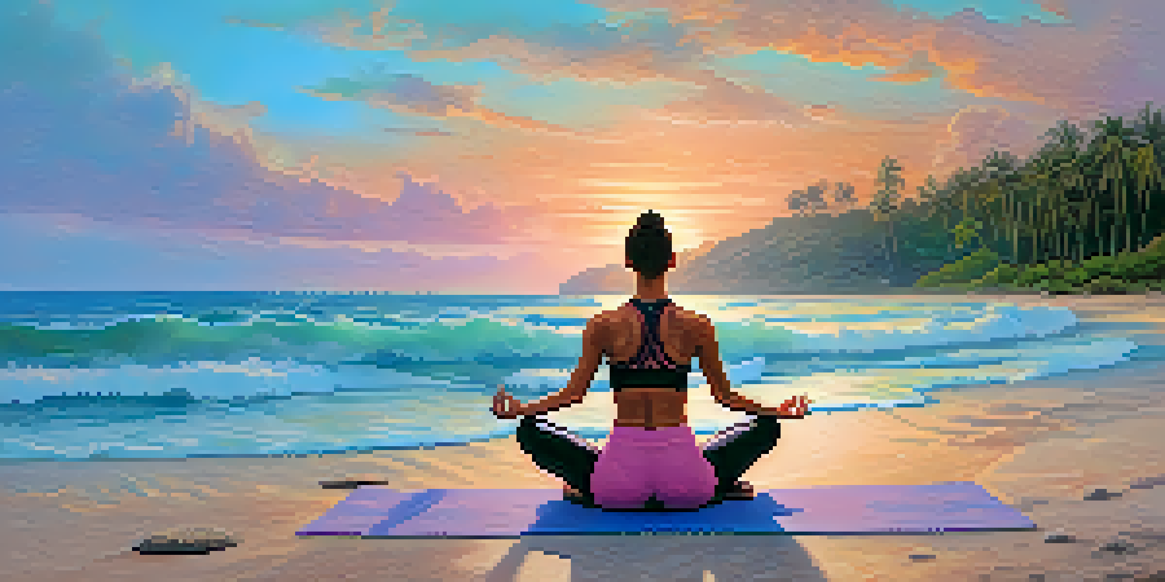 A peaceful yoga session on a beach in Brazil, with palm trees, turquoise water, and a colorful sunset.