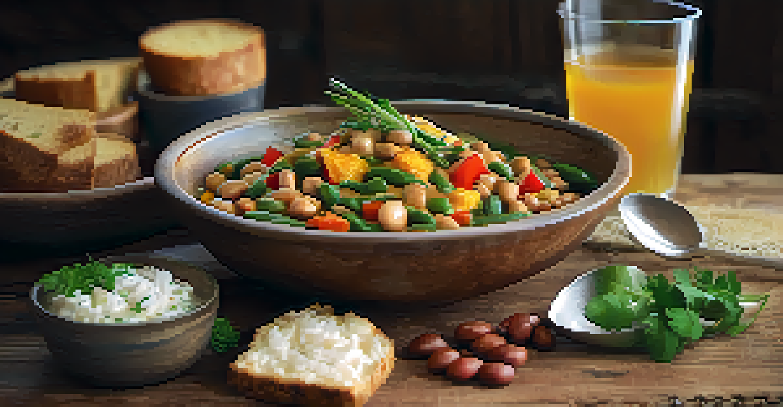 A close-up of feijão tropeiro, a traditional Brazilian dish, on a rustic table with local cheeses and a glass of cachaça, illuminated by soft natural light.