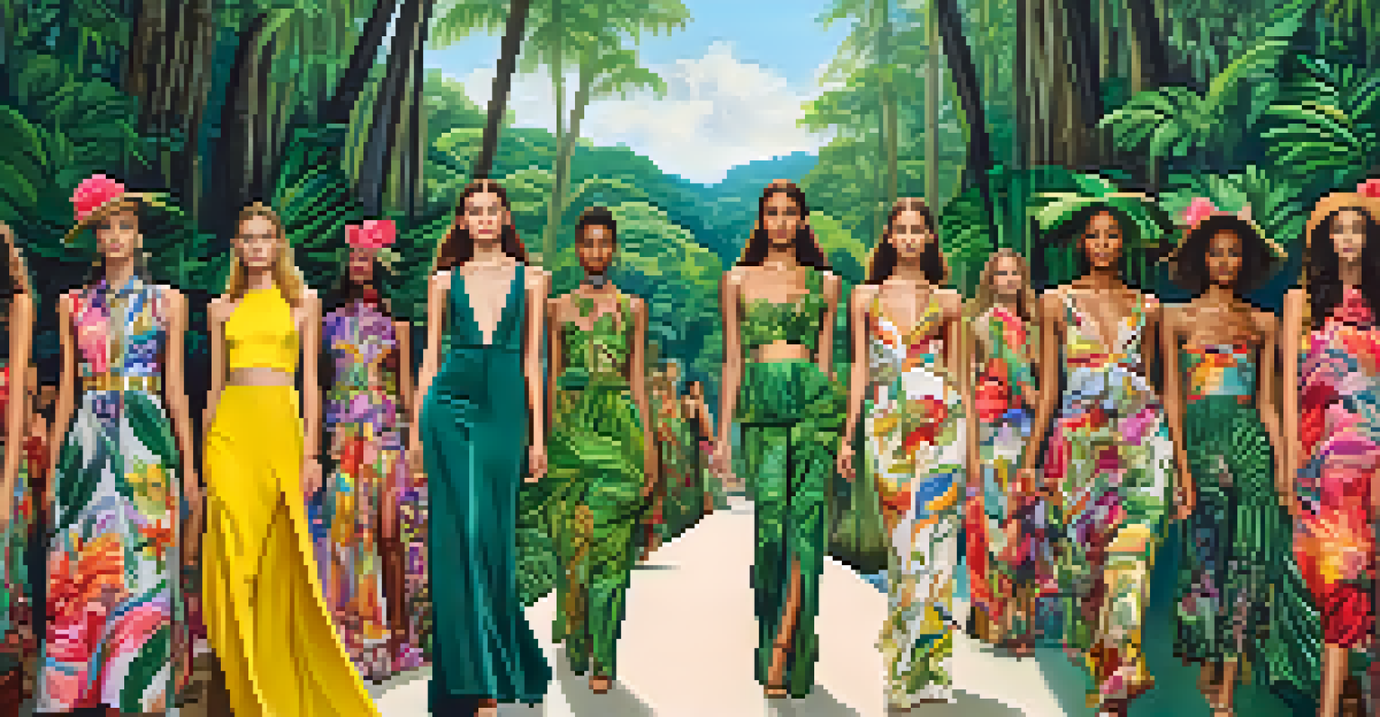 Models walking in a fashion show surrounded by a lush Brazilian rainforest, showcasing modern outfits with traditional motifs.