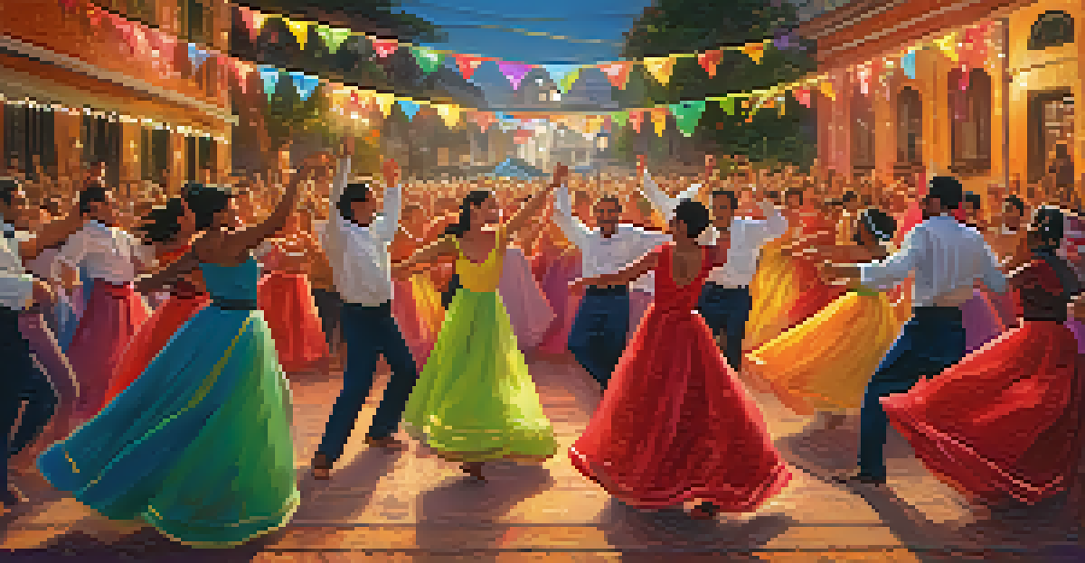 Participants dancing the Quadrilha during Festa Junina, surrounded by colorful decorations and an enthusiastic audience.