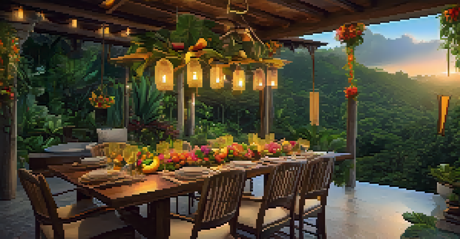 A beautifully arranged outdoor dining table with tropical fruits and organic dishes, set in a lush garden during sunset.