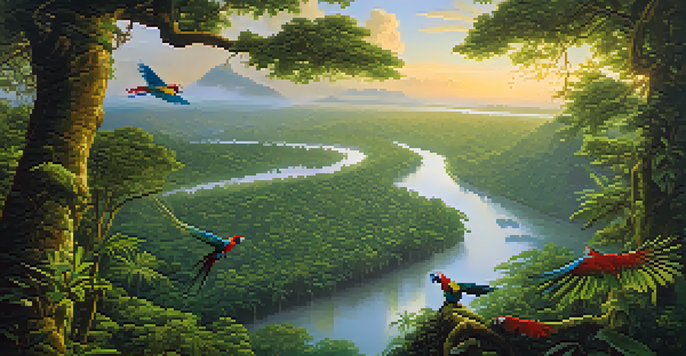 A vibrant Amazon Rainforest at sunrise with mist, a river, and colorful birds in the sky.