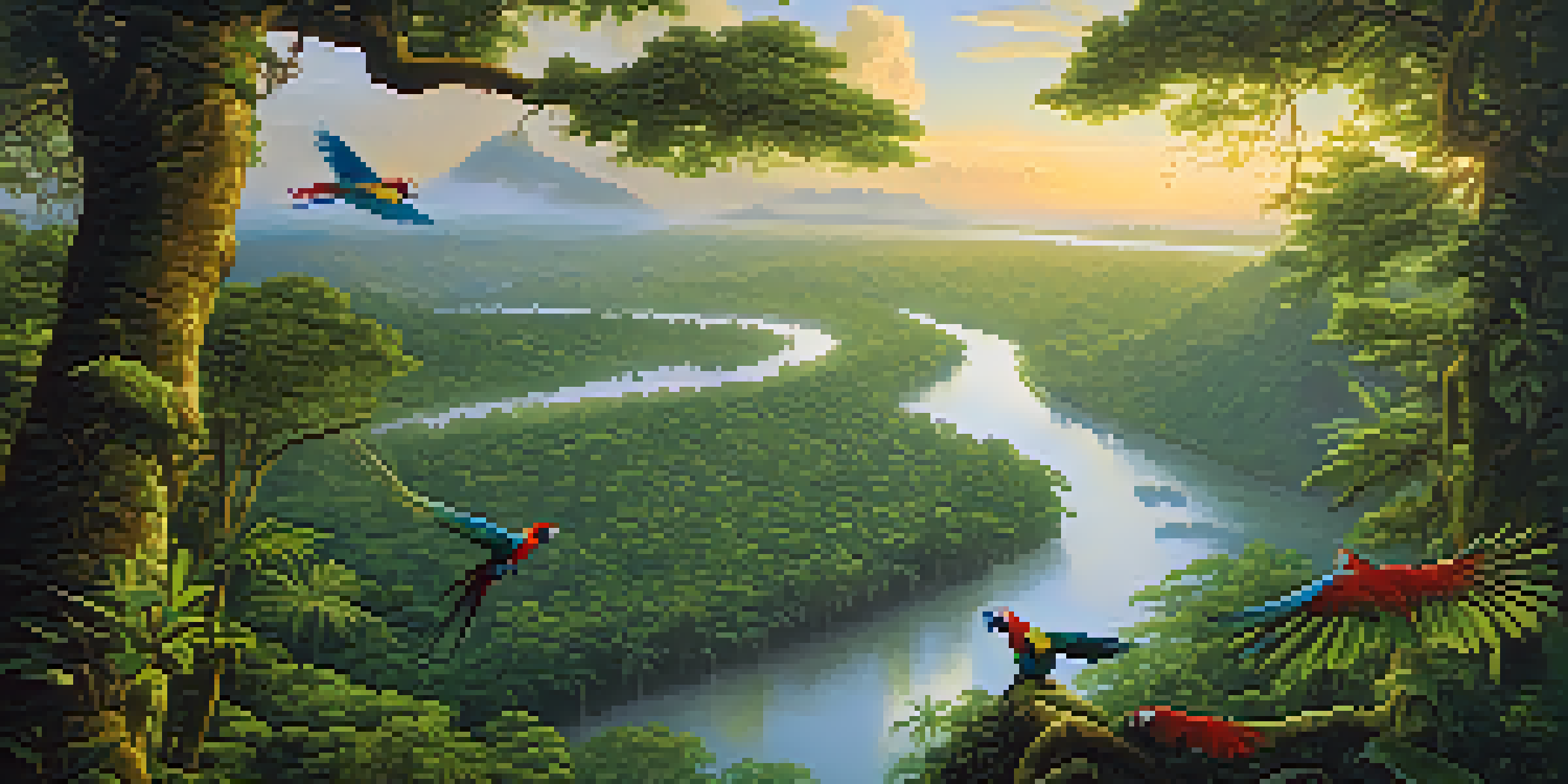 A vibrant Amazon Rainforest at sunrise with mist, a river, and colorful birds in the sky.