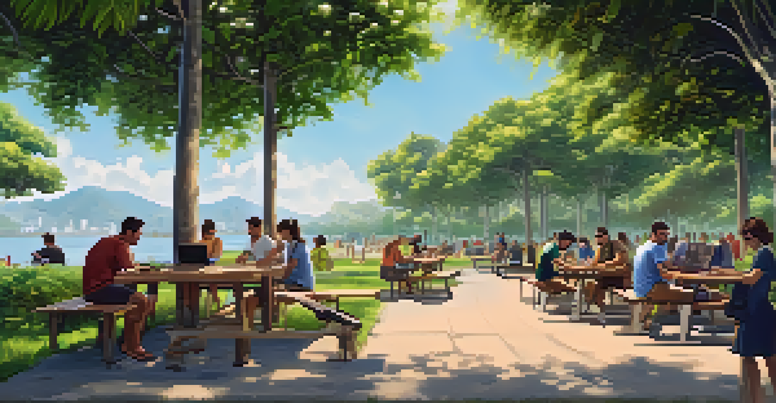An outdoor park in Brazil featuring digital nomads working on laptops at picnic tables among lush greenery and a clear blue sky.