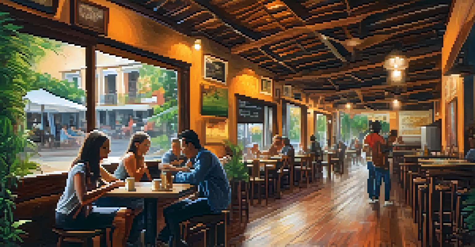 A cozy café in Santa Teresa with local art on the walls, patrons enjoying drinks, and a musician playing in the corner.