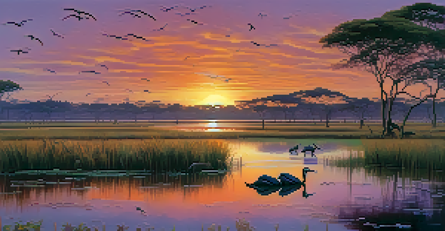 A family of capybaras grazing near the water in the Pantanal wetlands during sunset, with colorful reflections in the water.