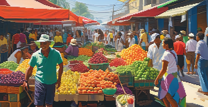 A lively Brazilian market with colorful fruits and vegetables, bustling with people under bright canopies.