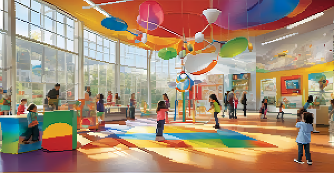 A colorful interactive museum exhibit with children participating in hands-on science activities around a giant pendulum.