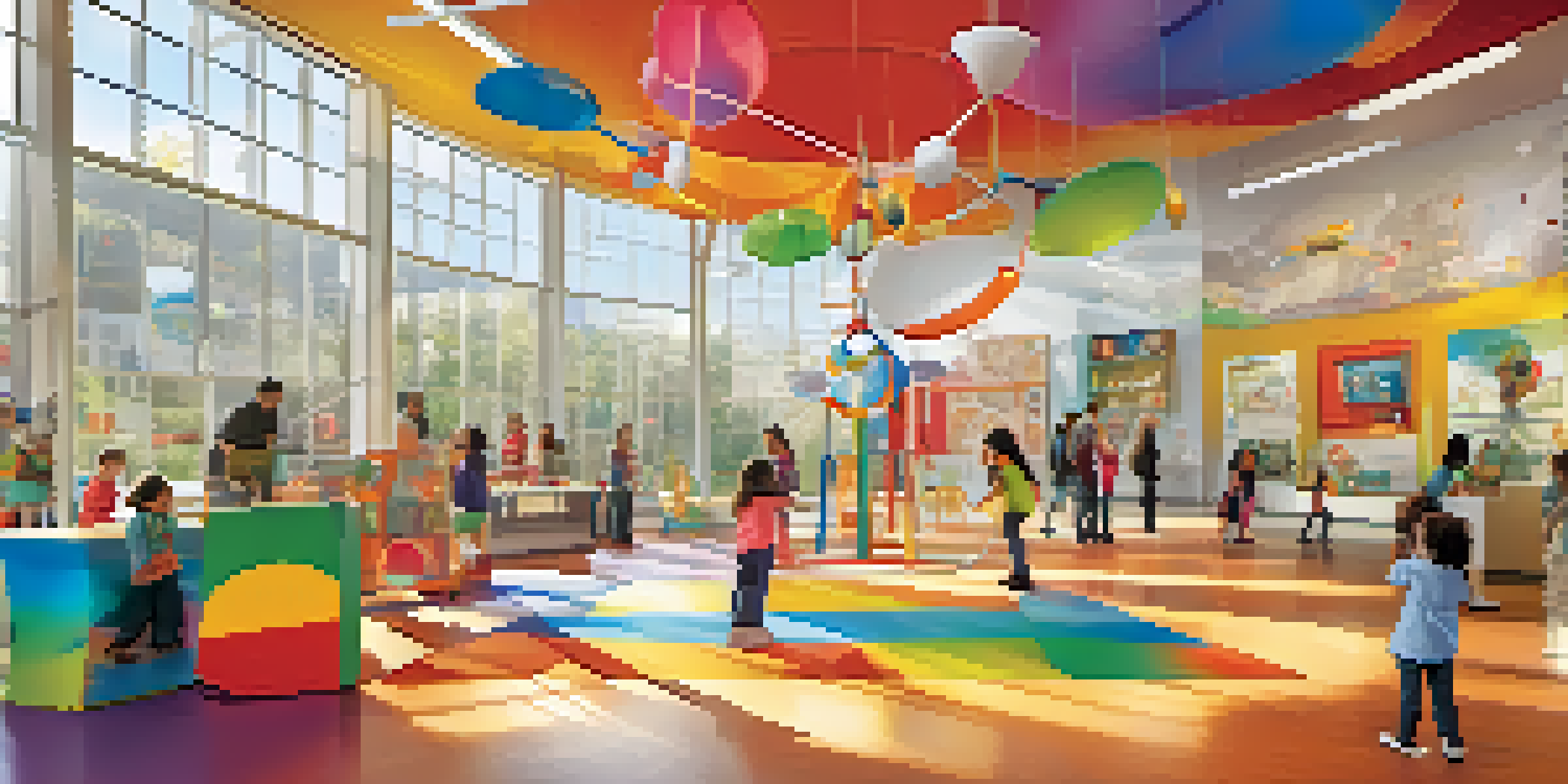 A colorful interactive museum exhibit with children participating in hands-on science activities around a giant pendulum.