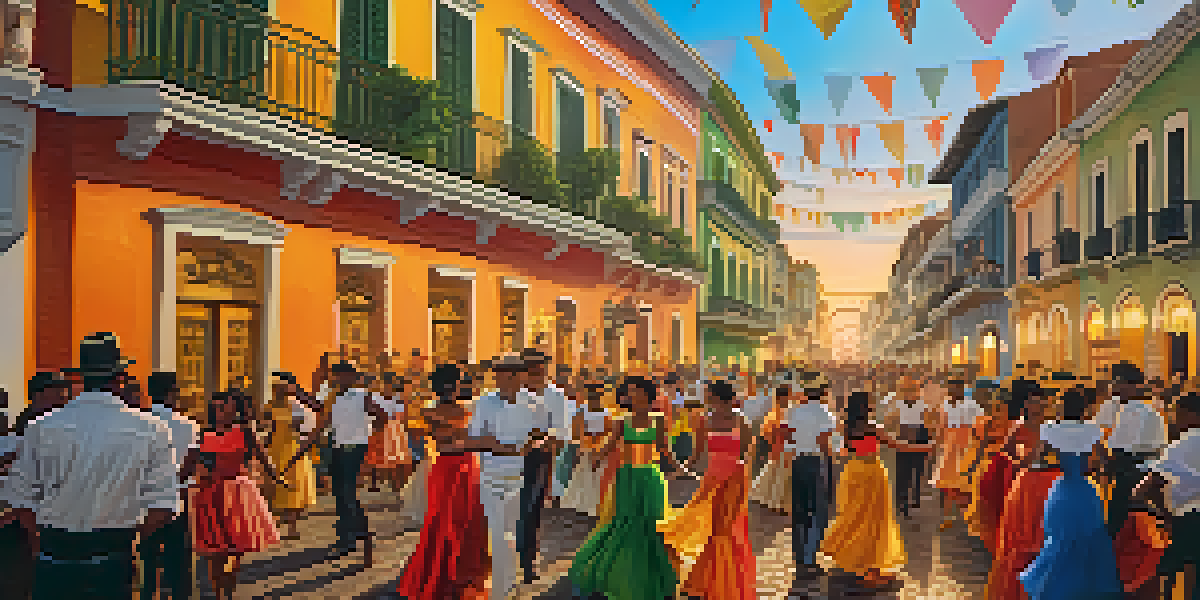 A lively street scene during the Salvador Carnival with people in colorful costumes dancing and historic buildings in the background.