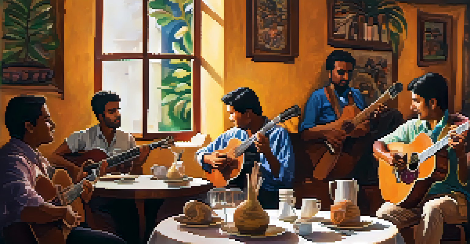 Musicians enjoying a jam session in a café, playing Choro music with various instruments.