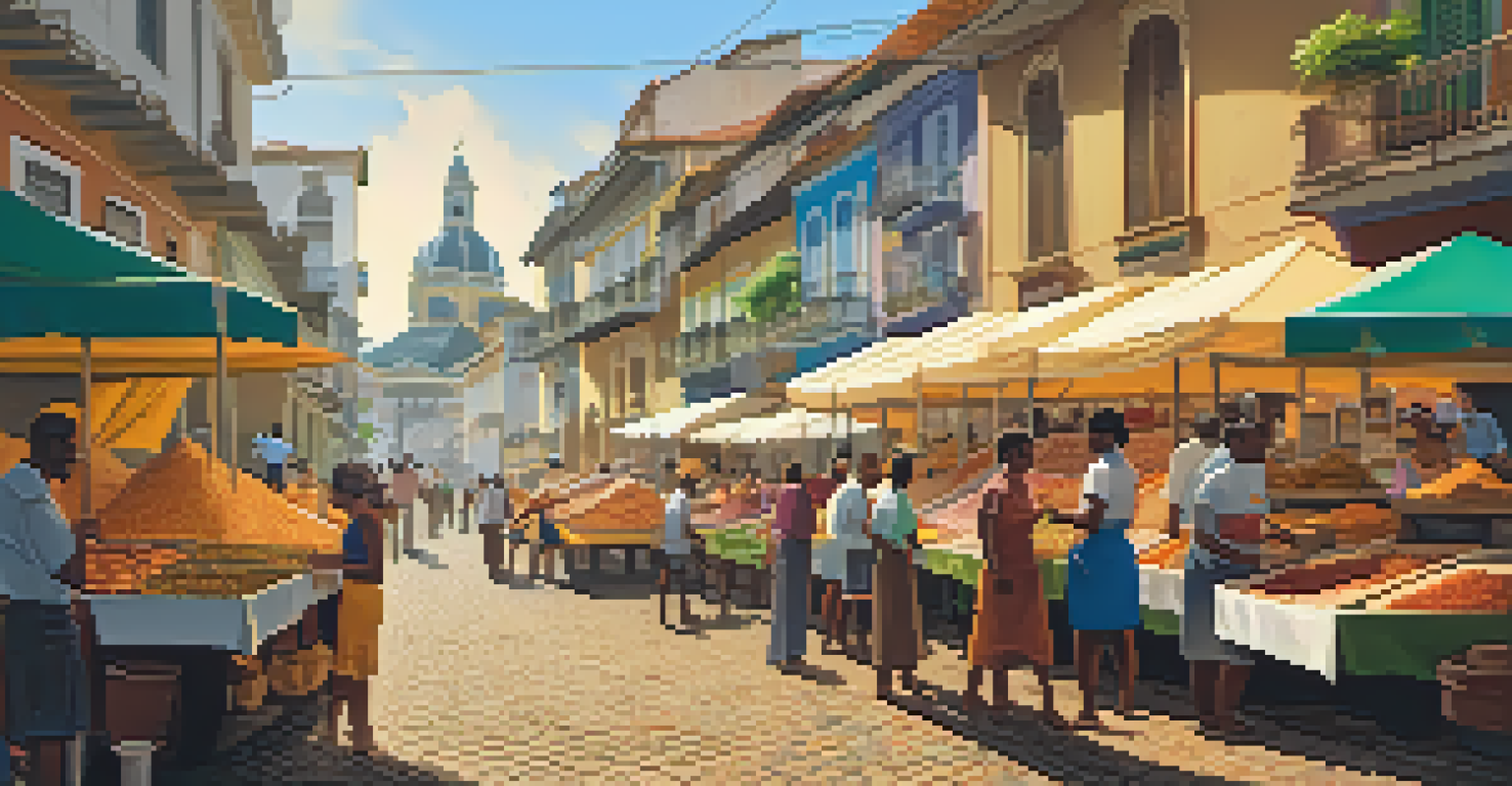 A traditional street food market in Salvador with a vendor preparing acarajé and colorful stalls of ingredients.