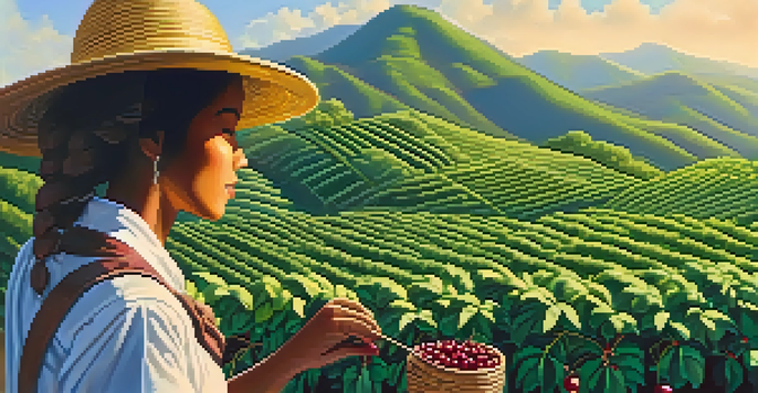 A Brazilian coffee plantation at sunrise with a farmer hand-picking ripe coffee cherries amidst lush green plants and mountains in the background.