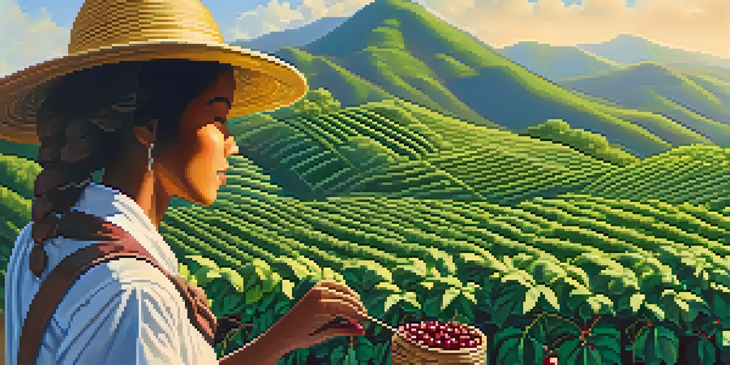 A Brazilian coffee plantation at sunrise with a farmer hand-picking ripe coffee cherries amidst lush green plants and mountains in the background.