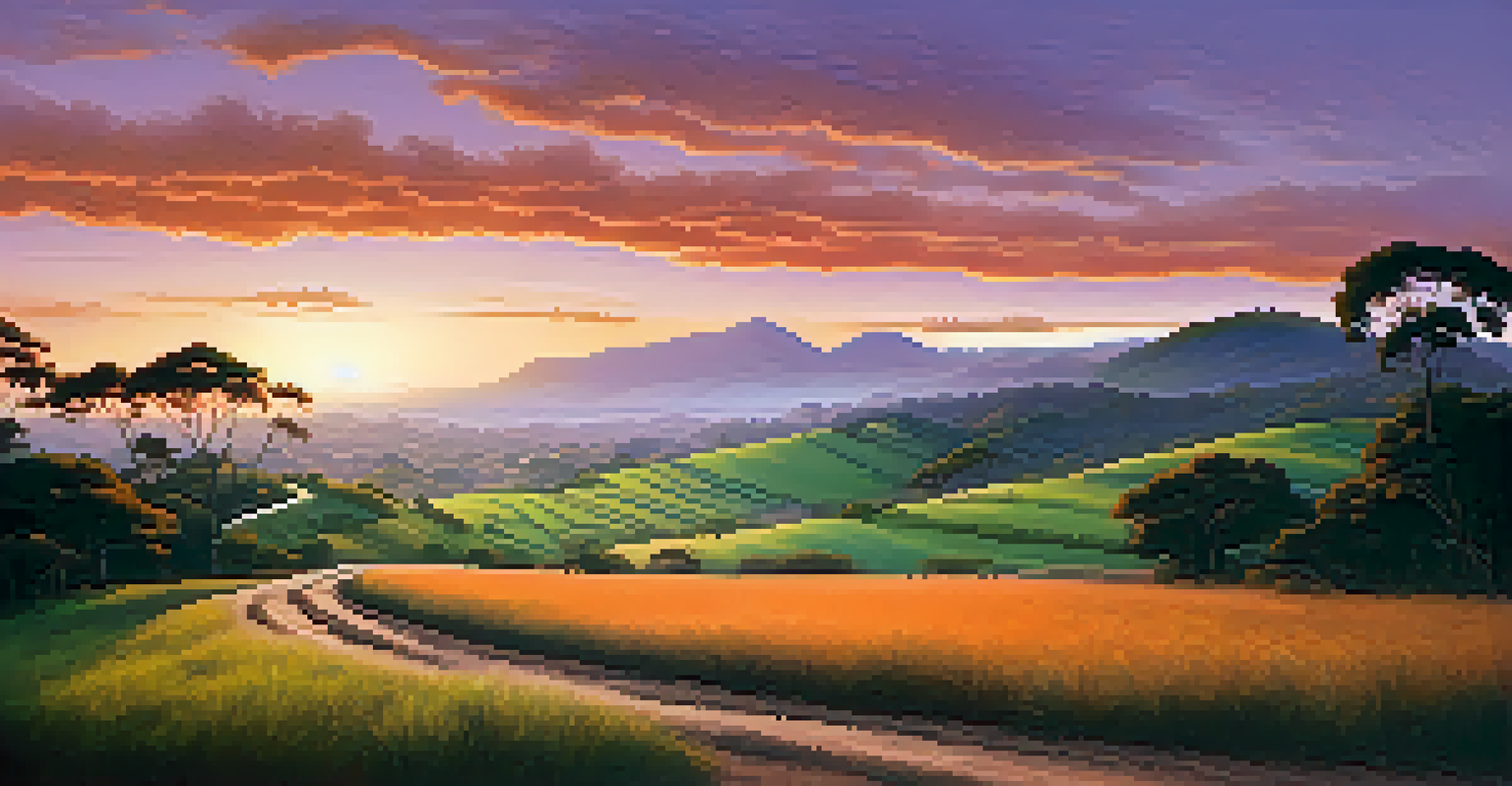 A peaceful landscape of the Brazilian hinterlands at sunset, featuring rolling hills, a winding path, and vibrant sky colors.