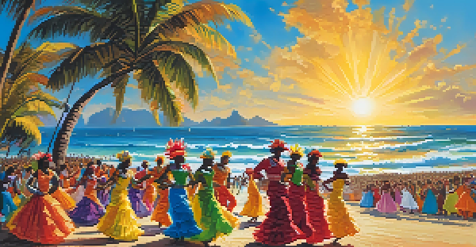 A lively beach scene during Carnaval in Brazil with samba dancers in colorful costumes parading along the shoreline.
