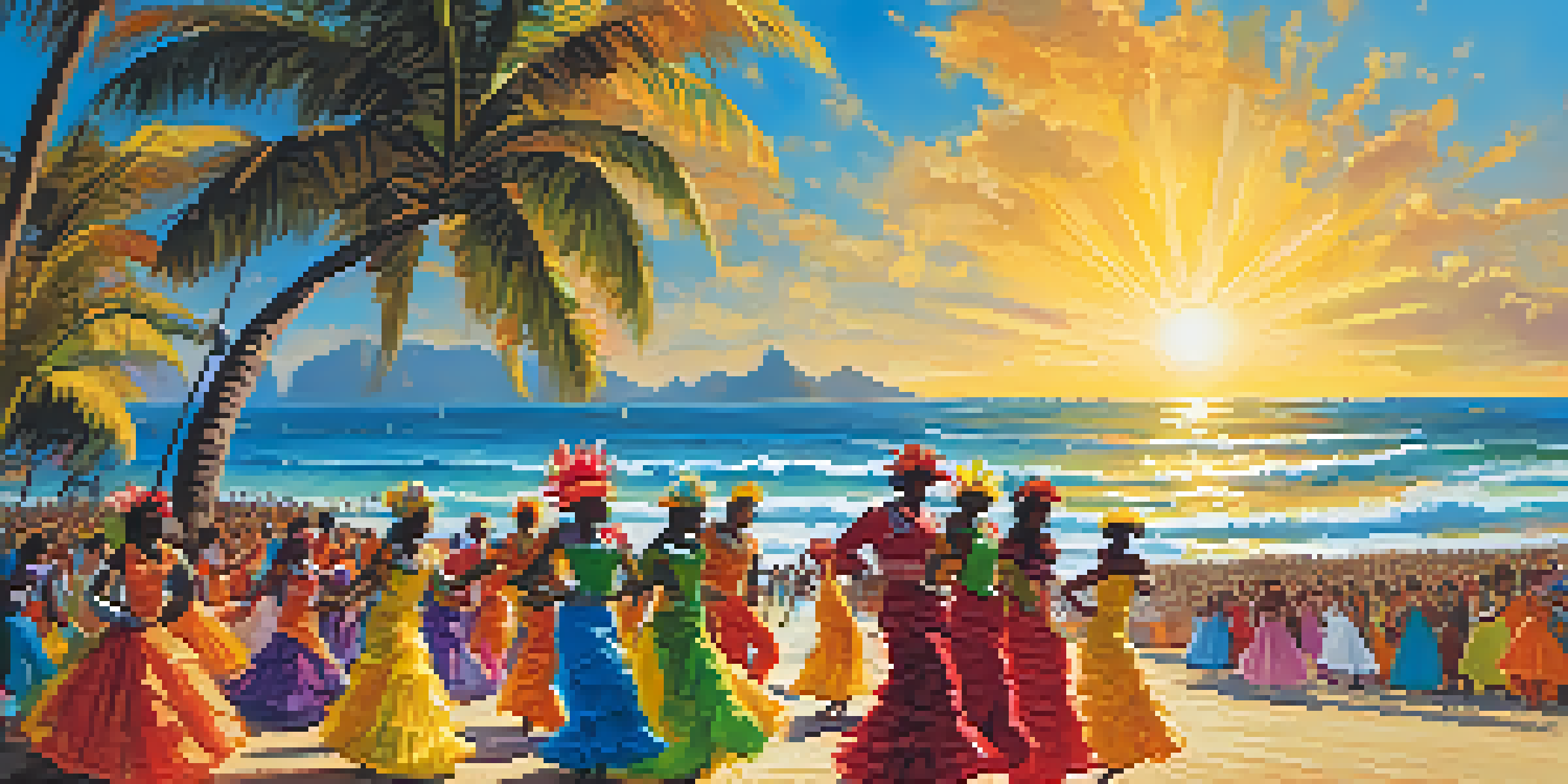 A lively beach scene during Carnaval in Brazil with samba dancers in colorful costumes parading along the shoreline.