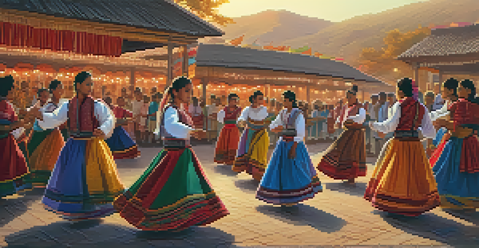Families performing a quadrilha dance at an outdoor festival, dressed in colorful traditional attire amidst festive decorations.